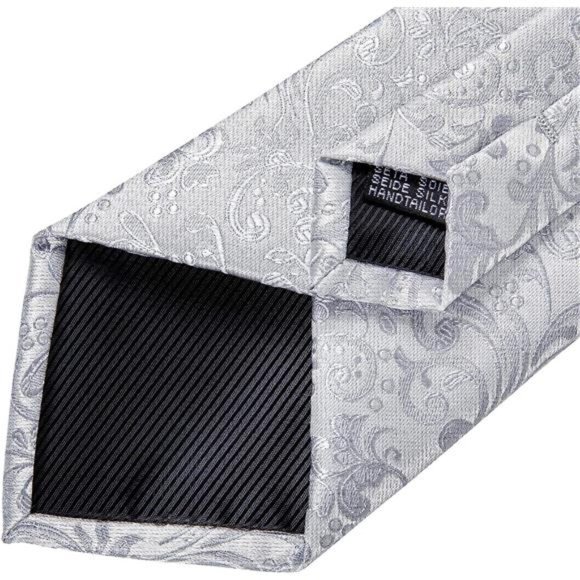 Silk Tie Woven Handkerchief Men's Necktie and Lapel Pin Brooch Set 05 Silver - Picture 5 of 6